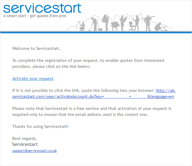 Service Start activation email